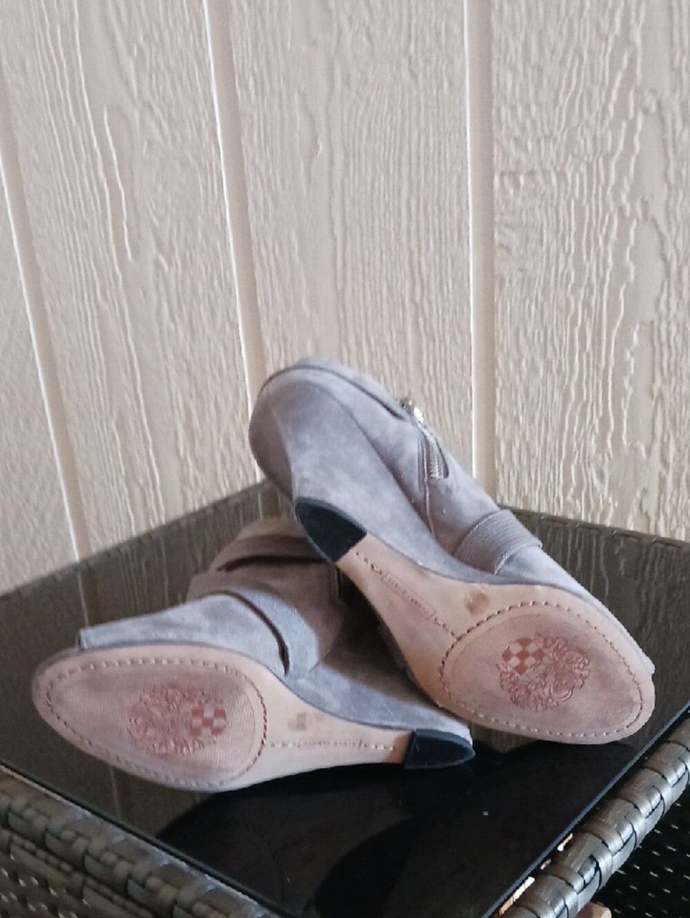 Vince Camuto Gray Suede Crisscross Wedge Booties - Picture 5 of 11